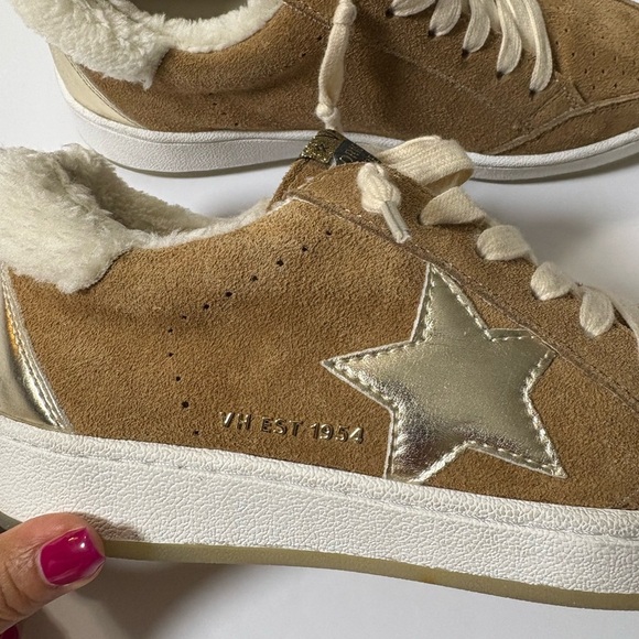 Vintage Havana Belen Chestnut Suede Sneakers w Faux Fur Trim and Gold Accents. 8 - Picture 2 of 15